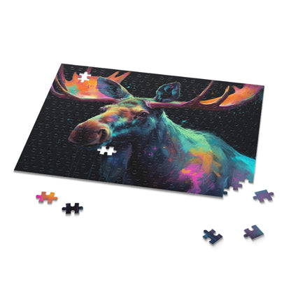 "Vibrant watercolor Majestic Moose jigsaw puzzle, nature themed fun activity"