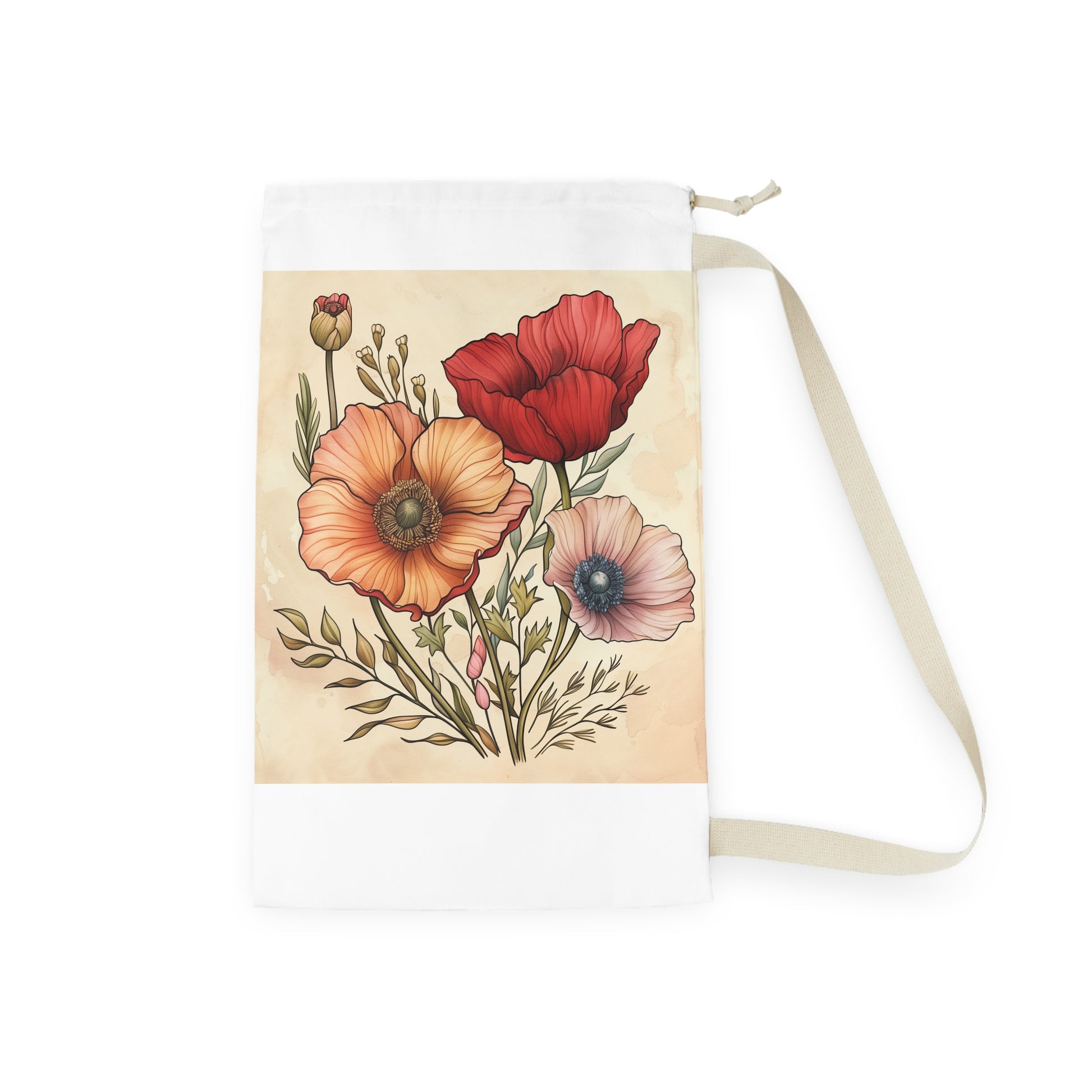 "Floral Fantasy Laundry Bag with hand-drawn flowers for colorful laundry routine"