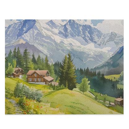 "Swiss Alps Watercolor Puzzle - Vibrant mountain scenery jigsaw with intricate details"