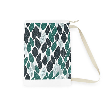 Modern green leaf pattern laundry bag with durable ferret-textured material, practical and stylish.