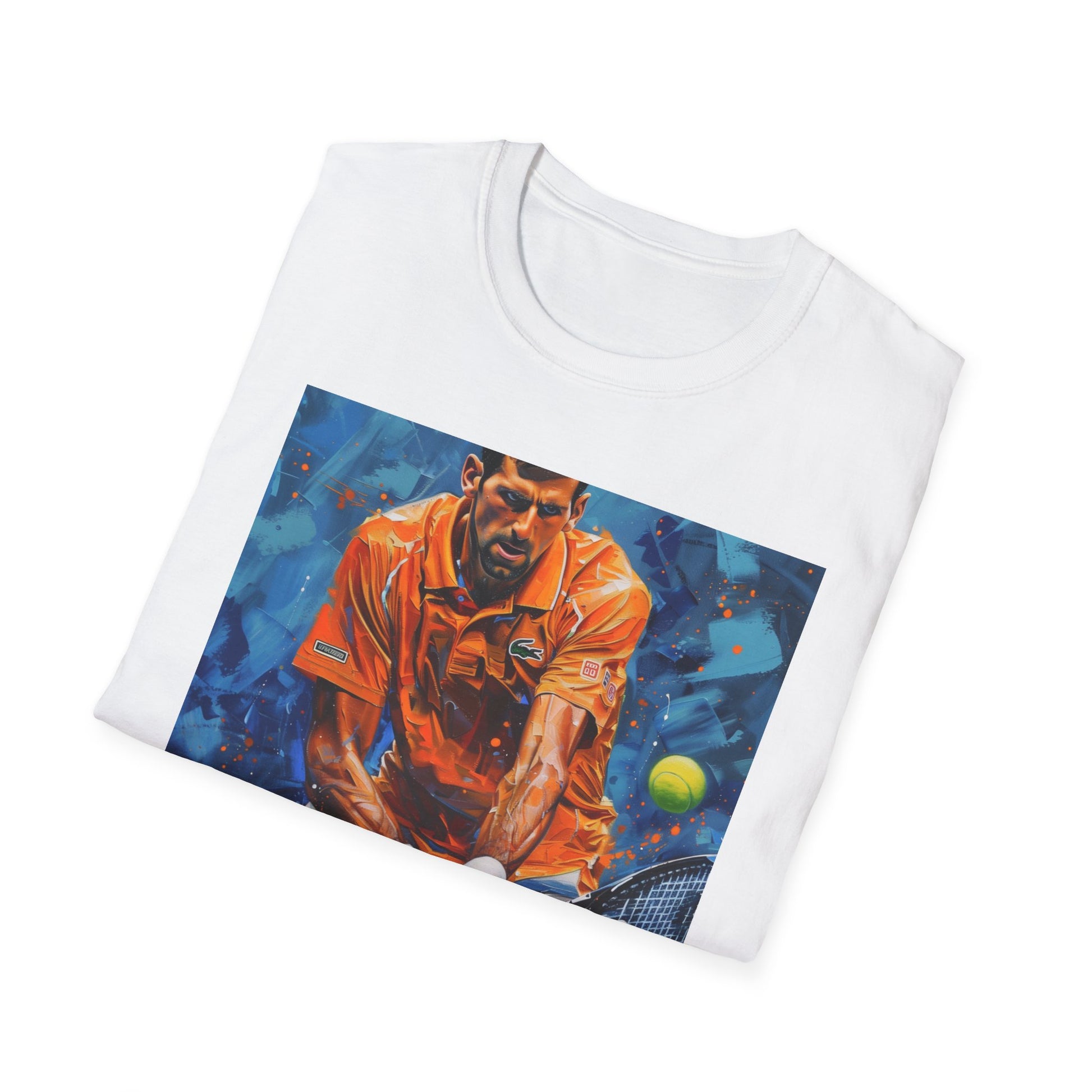 "Vibrant Djokovic Painting T-shirt depicting the iconic tennis player's unmatched skill and determination on the court"