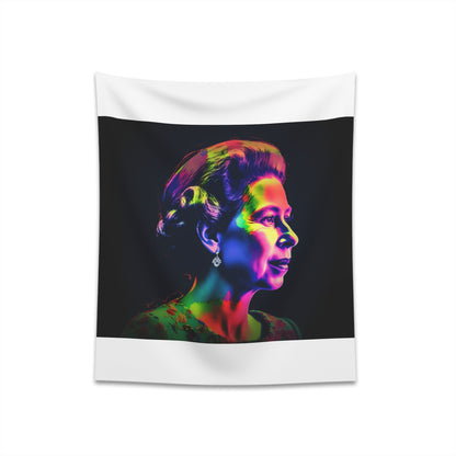 "Her Majesty's Neon Reign: Young Elizabeth Tapestry - Vibrant tribute to Queen Elizabeth II, blending watercolor and neon hues. Statement piece for royal allure and artistic flair"