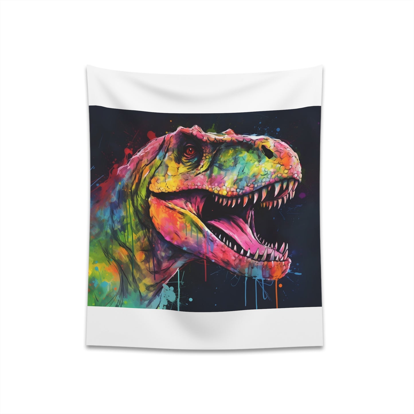 "Neon Roar T-Rex Watercolor Tapestry - Vibrant prehistoric art, perfect for dinosaur enthusiasts, high-quality material, great gift option - BenCPrints"