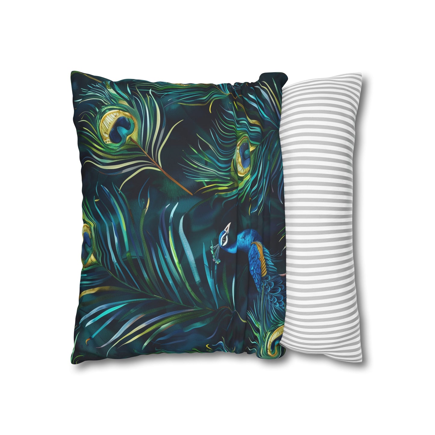 "Vibrant blue peacock feather pillowcase for elegant bedroom decor"