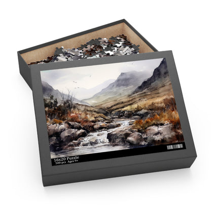 "Highland Serenity jigsaw puzzle depicting Scottish countryside, rolling hills, charming villages, and stunning landscapes for a relaxing escape"