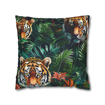 "Transform your bedroom with Tiger Safari Pillow Case featuring majestic tigers in lush green foliage"