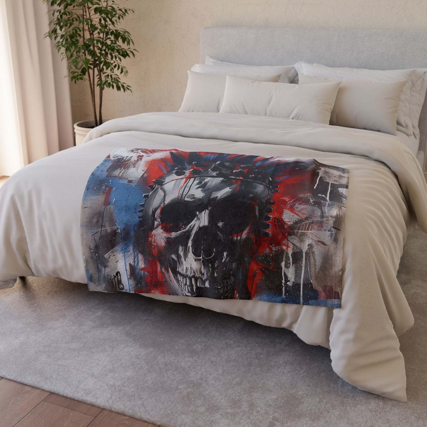 Add a rebellious edge to your home with this skull-themed blanket. Perfect for punk rock enthusiasts and those who dare to embrace their bold style. This cozy blanket features a striking skull design that will add a touch of rock 'n roll attitude to any space