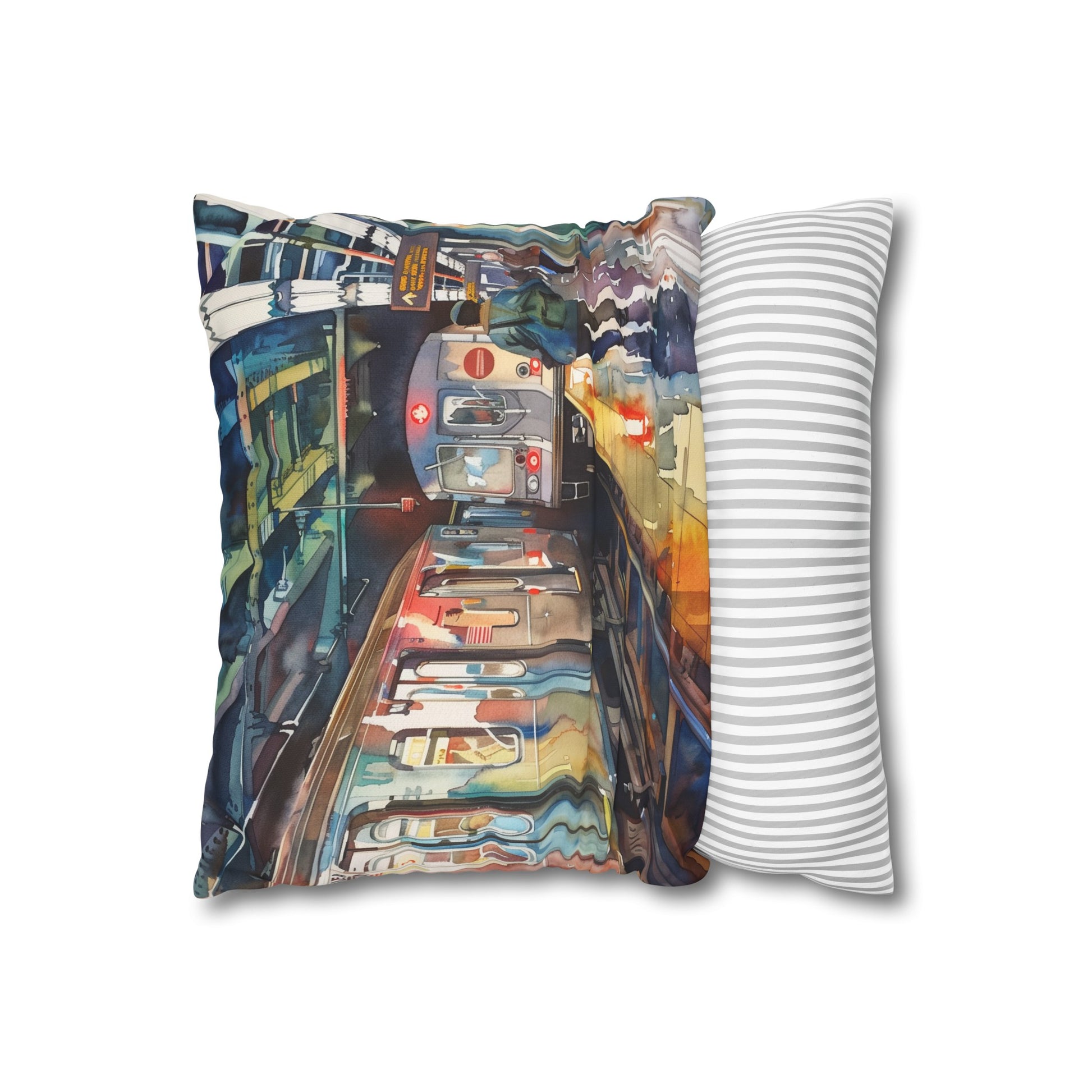 "NYC Subway Watercolor Dreams Pillowcase - Vibrant city-inspired design, high-quality material, perfect for all seasons. Buy now!"