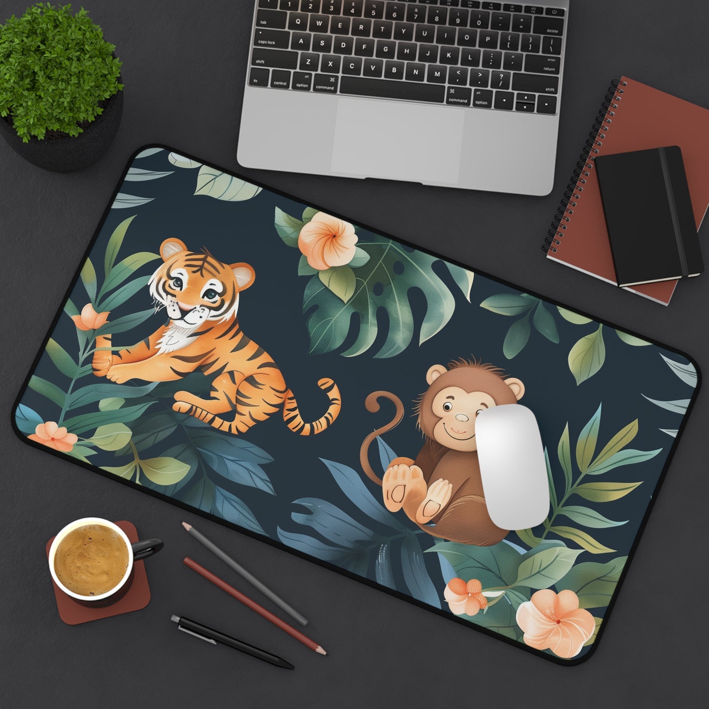 "Transform your workspace with Tiger Jungle Desk Mat - Jungle Safari design with majestic tigers in lush greenery. Revitalize your desk decor now!"