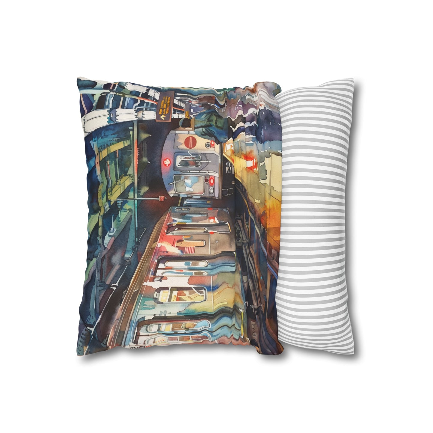 "NYC Subway Watercolor Dreams Pillowcase - Vibrant urban art for stylish sleep space"