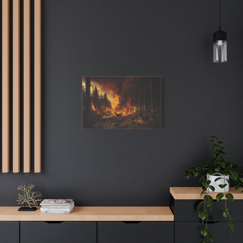 A Forest Fire Raging with Wildlife Fleeing Stretched Canvas Wall Art