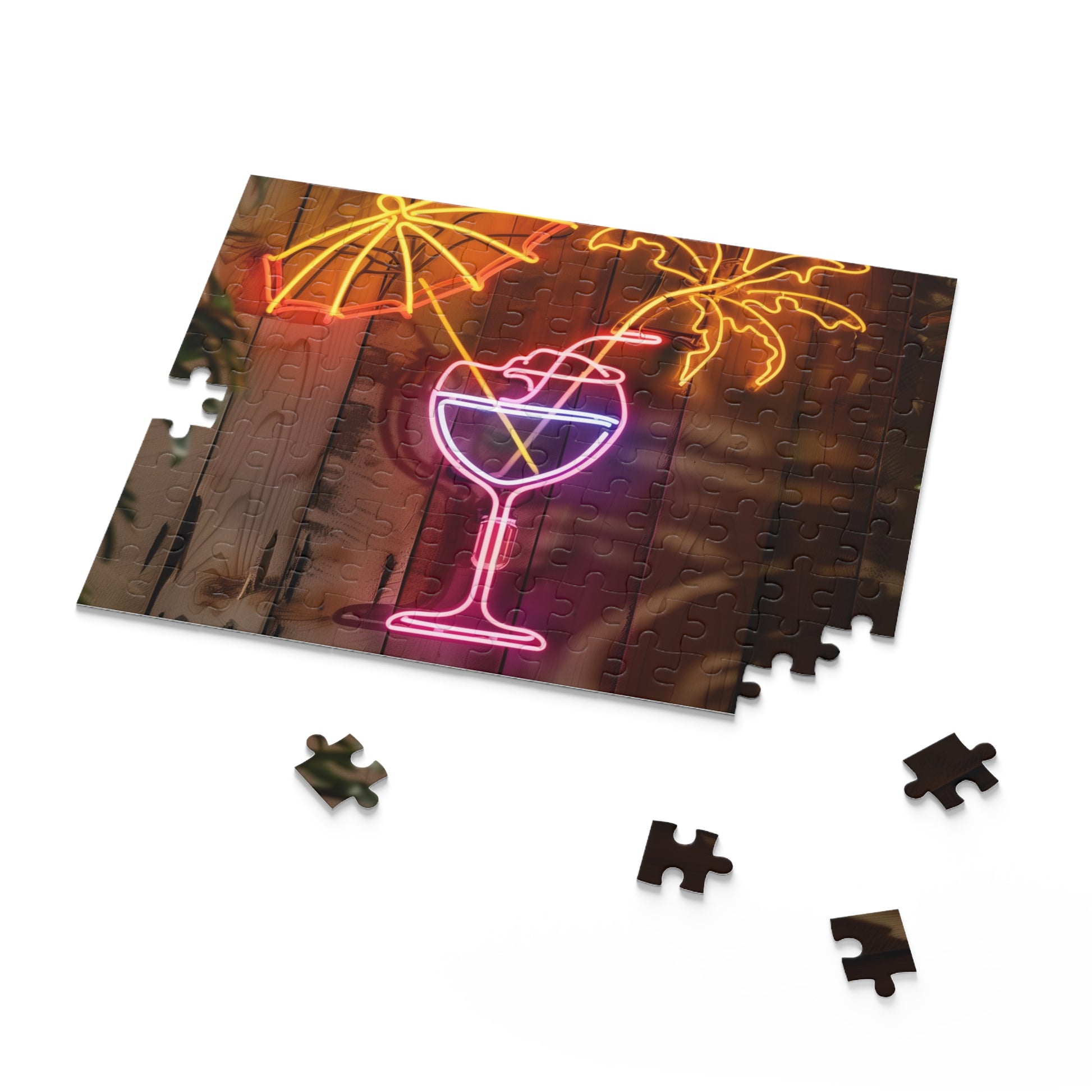 "Neon Cocktail Paradise Puzzle - Colorful tropical cocktail sign jigsaw for relaxing challenge"