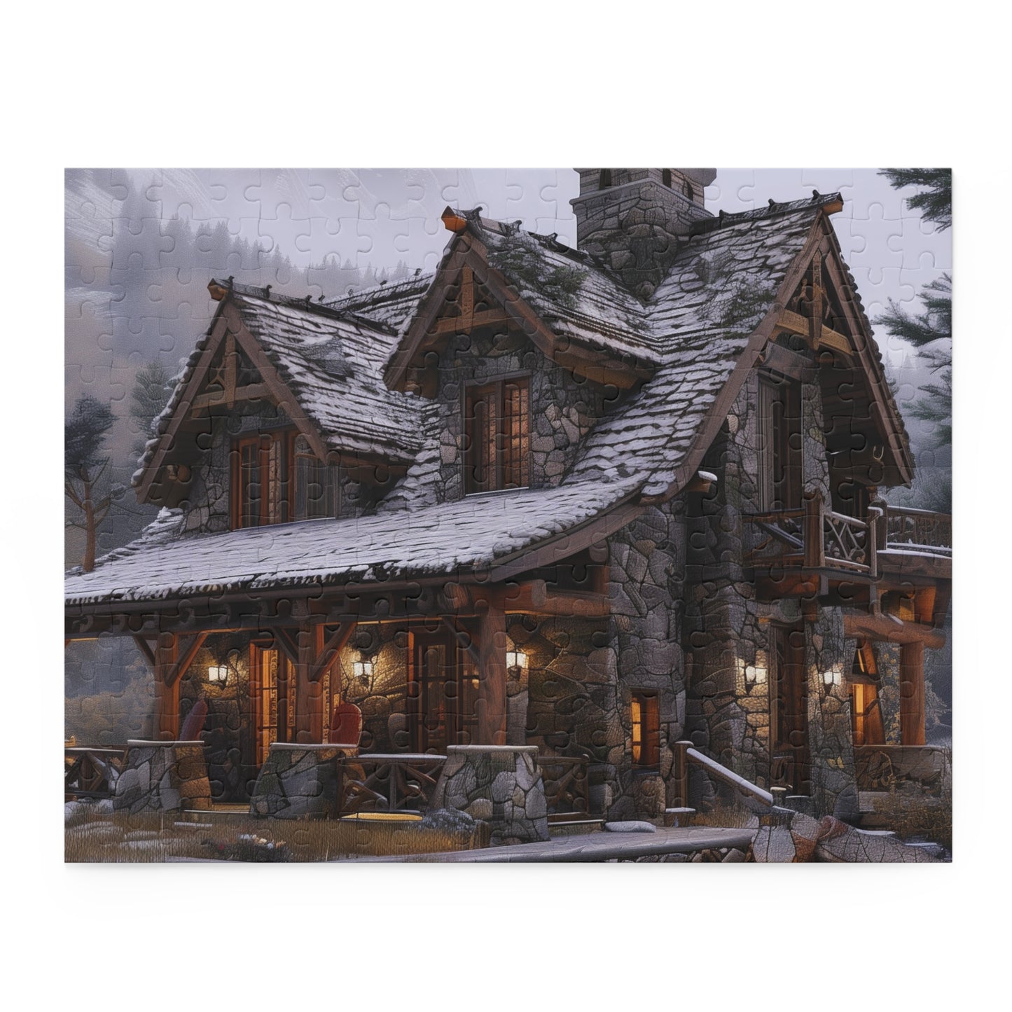 "Rustic Mountain Cabin Jigsaw Puzzle - Charming and peaceful retreat in the tranquil mountains"