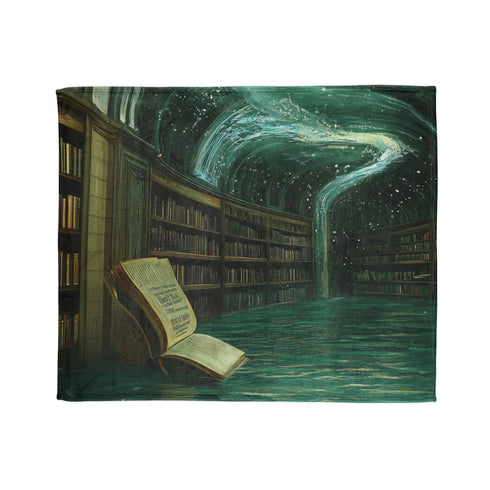 Floating Library under Time Vortex — Plush Fleece Throw Blanket — Draped Over Sofa & Bed Lifestyle View
