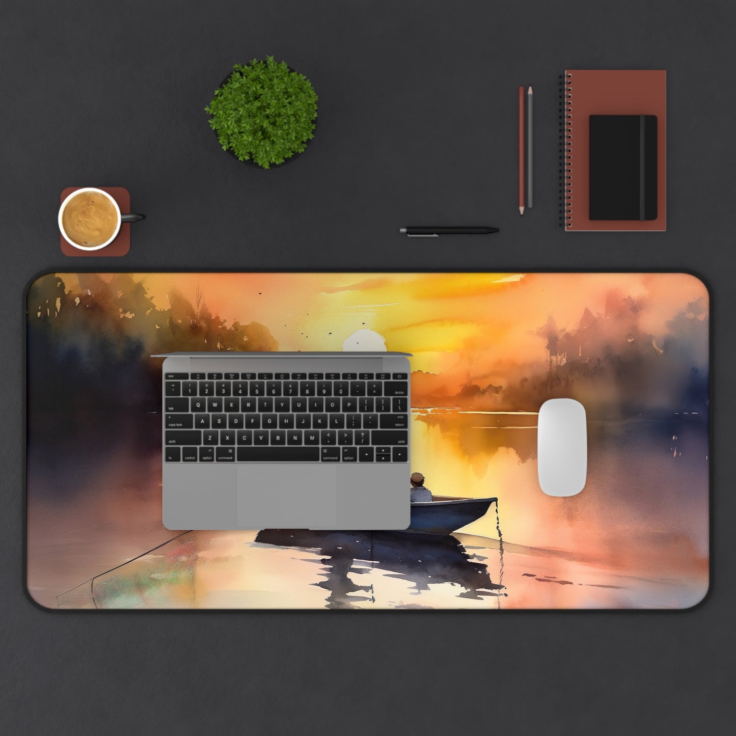 "Fisherman Sunset Desk Mat - Bring peaceful fishing vibes to your workspace with this stunning silhouette image."