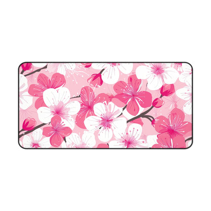 "Cherry Blossom Desk Mat - Elegant pink and white petals pattern for a tranquil and sophisticated workspace upgrade"