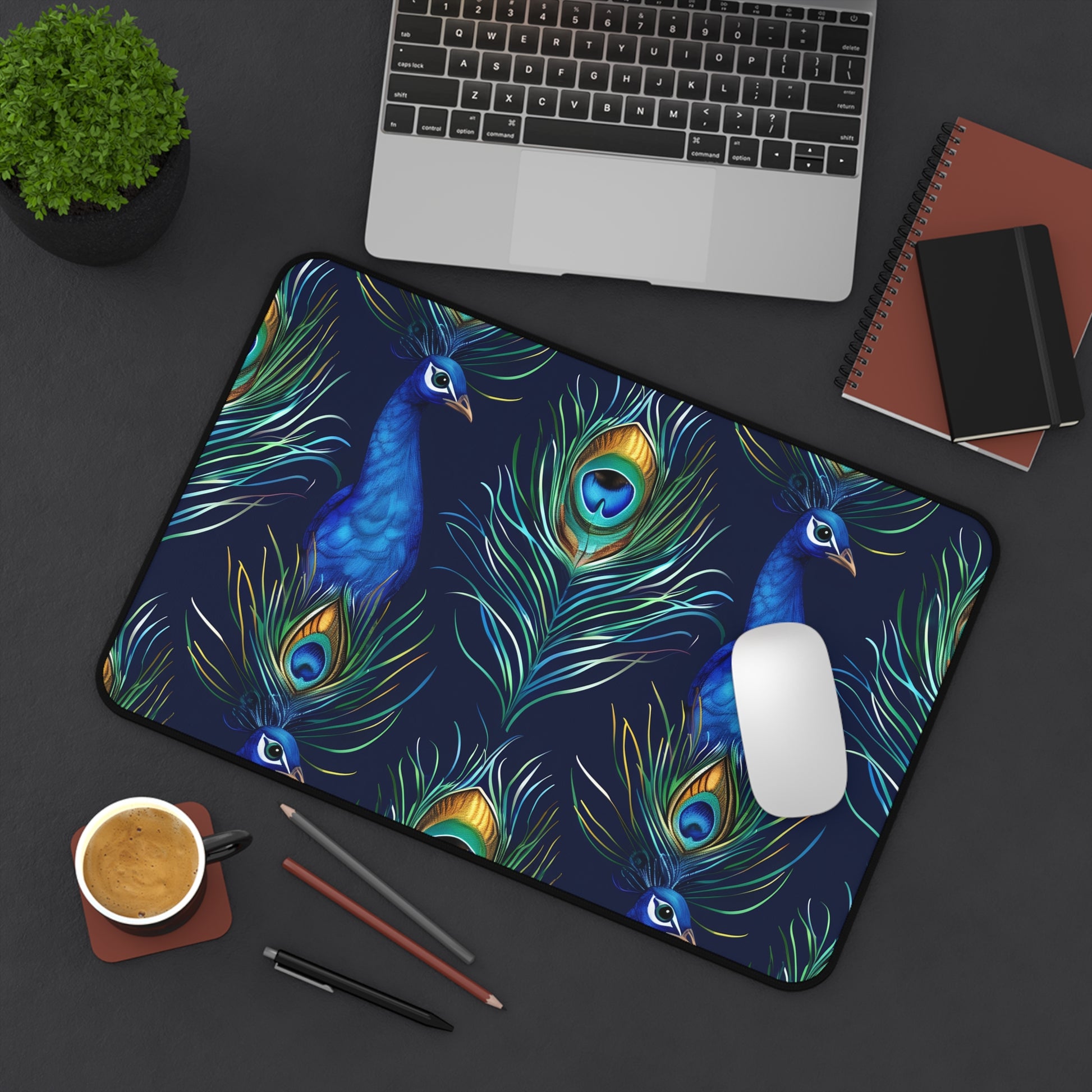 "Peacock Feather Blue Desk Mat - Add style with vibrant feathers pattern"