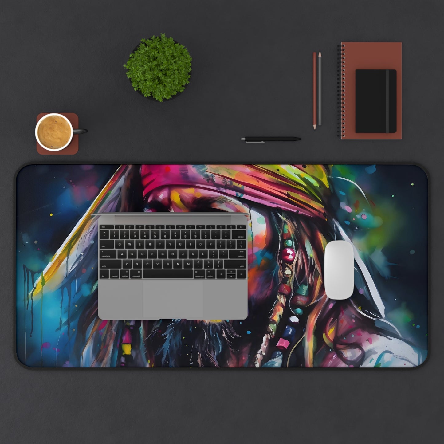 "Jack Sparrow Neon Desk Mat - Vibrant watercolor design, perfect for pirate fans"