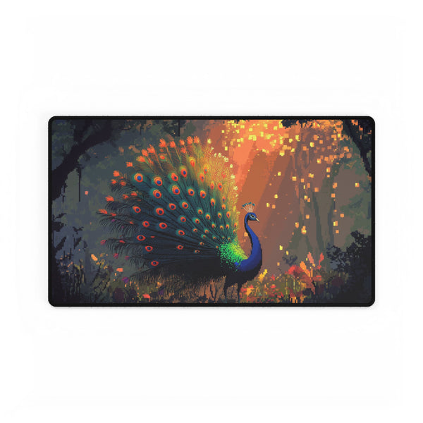 Ghost Peacock in Pixel Forest — XL & XXL Desk Mat — Gaming & Workspace Desk Setup View