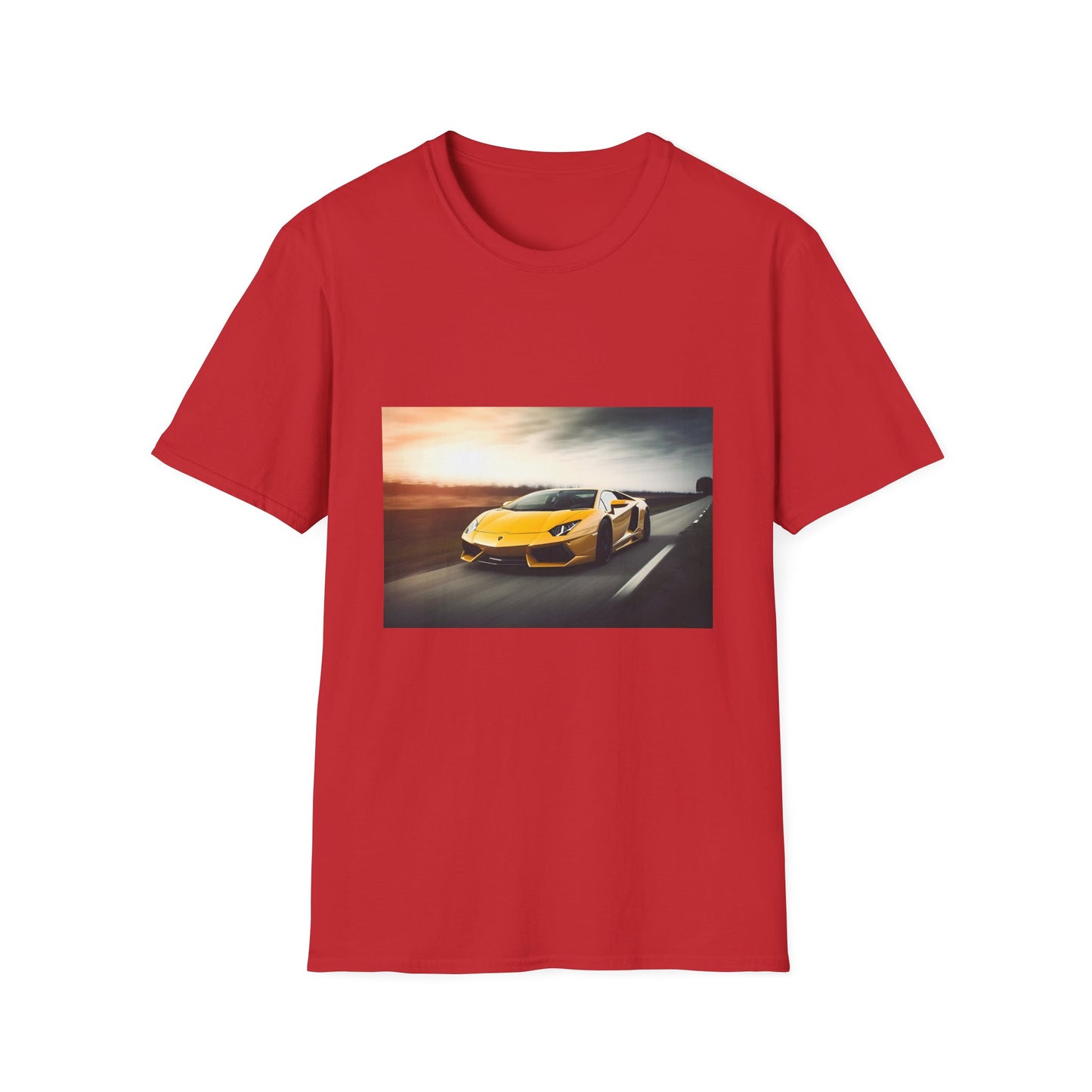 "Adrenaline Rush on Four Wheels T-shirt featuring a vibrant Lamborghini mid-race, embodying speed and power"