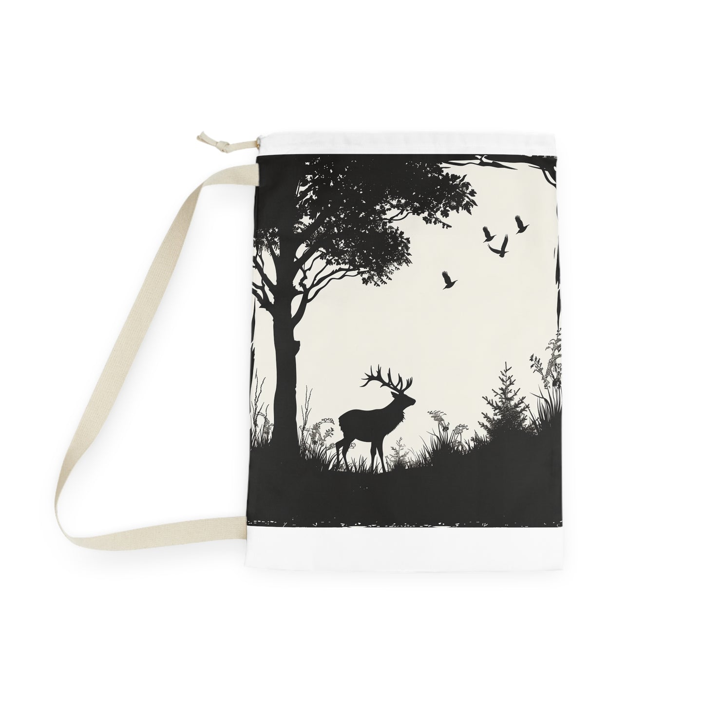 Wildlife Silhouette Laundry Bag featuring intricate animal designs for nature lovers. Eco-friendly laundry essential.