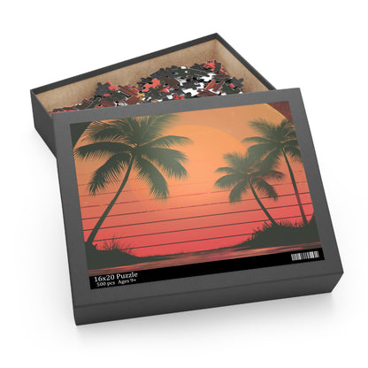 "Palm Tree Sunset jigsaw puzzle for relaxation, featuring retro sunset with palm trees, perfect for unwinding."