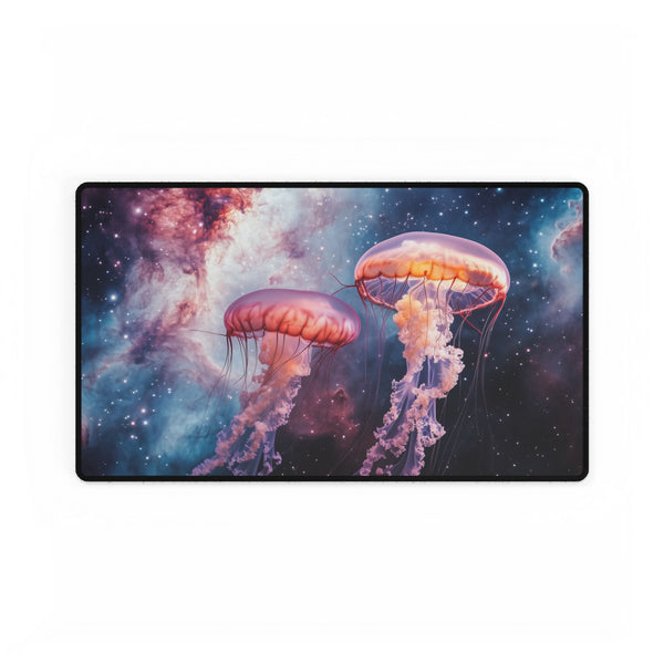 Space Jellyfish Swimming Through Nebula — XL & XXL Desk Mat — Gaming & Workspace Desk Setup View