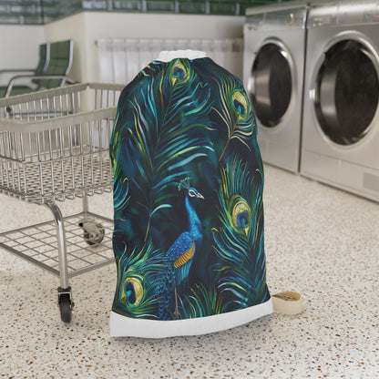 "Peacock Feathers Laundry Bag - Vibrant blue patterned bag for stylish laundry routine"