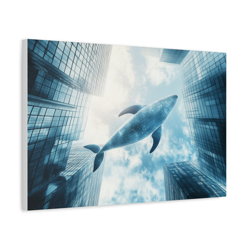 Glass Whale Swimming Through Skyscrapers — Canvas Wall Art — Side Profile & Stretched Corner Detail