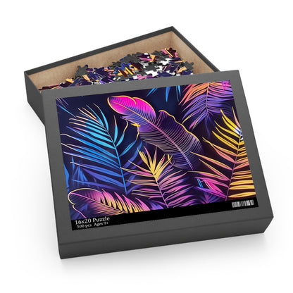 "Neon Tropical Paradise Jigsaw Puzzle - Vibrant jungle oasis with neon leaves and palm trees, perfect for a relaxing escape"