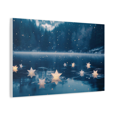 Paper Stars Falling into Dream Lake — Canvas Wall Art — Side Profile & Stretched Corner Detail