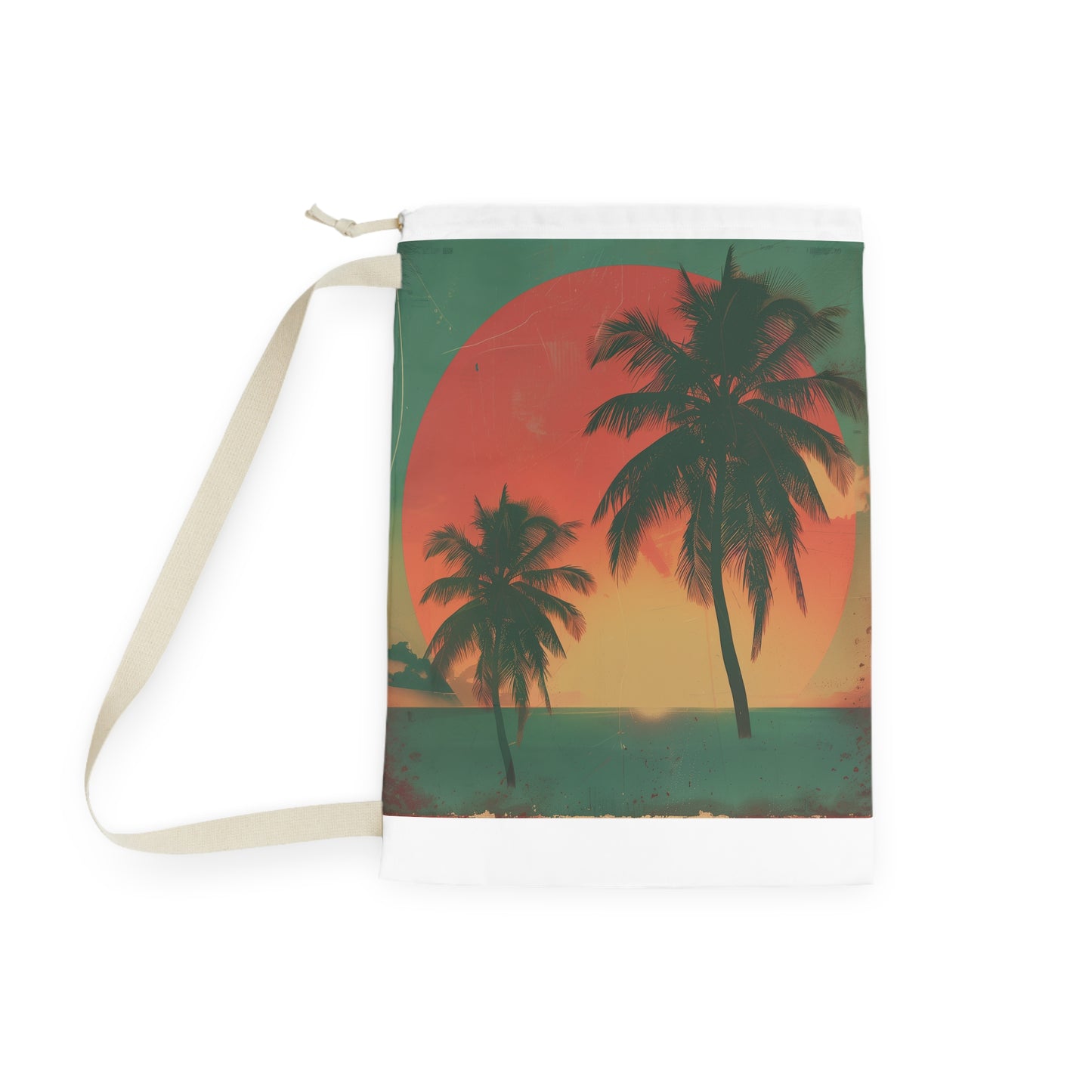 "Sunset palm tree laundry bag with retro print, perfect for stylishly storing dirty clothes"