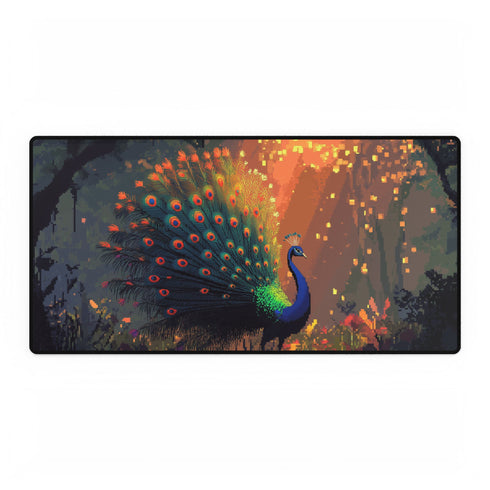 Ghost Peacock in Pixel Forest — XL & XXL Desk Mat — Full Top-Down Artwork View