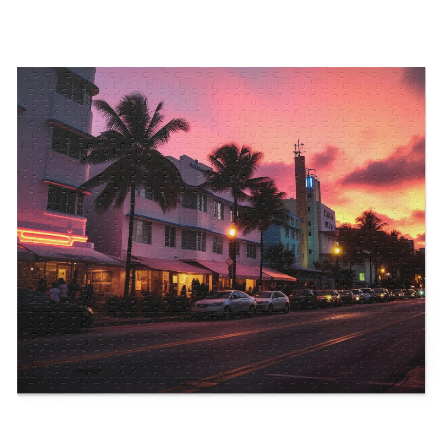 Miami Skyline Sunset jigsaw puzzle - vibrant cityscape at dusk, perfect for a cozy evening in or a rainy day at home.