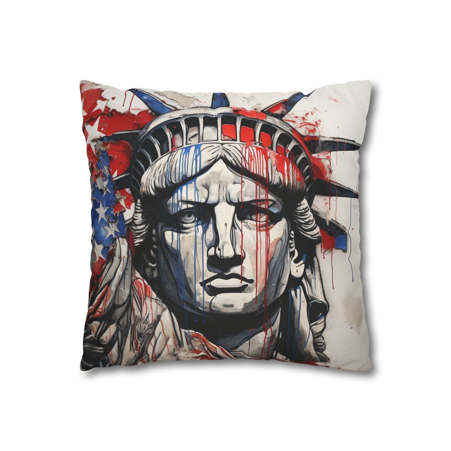 "Modern patriotic pillowcase with American flag line drawing and vibrant watercolor splash"