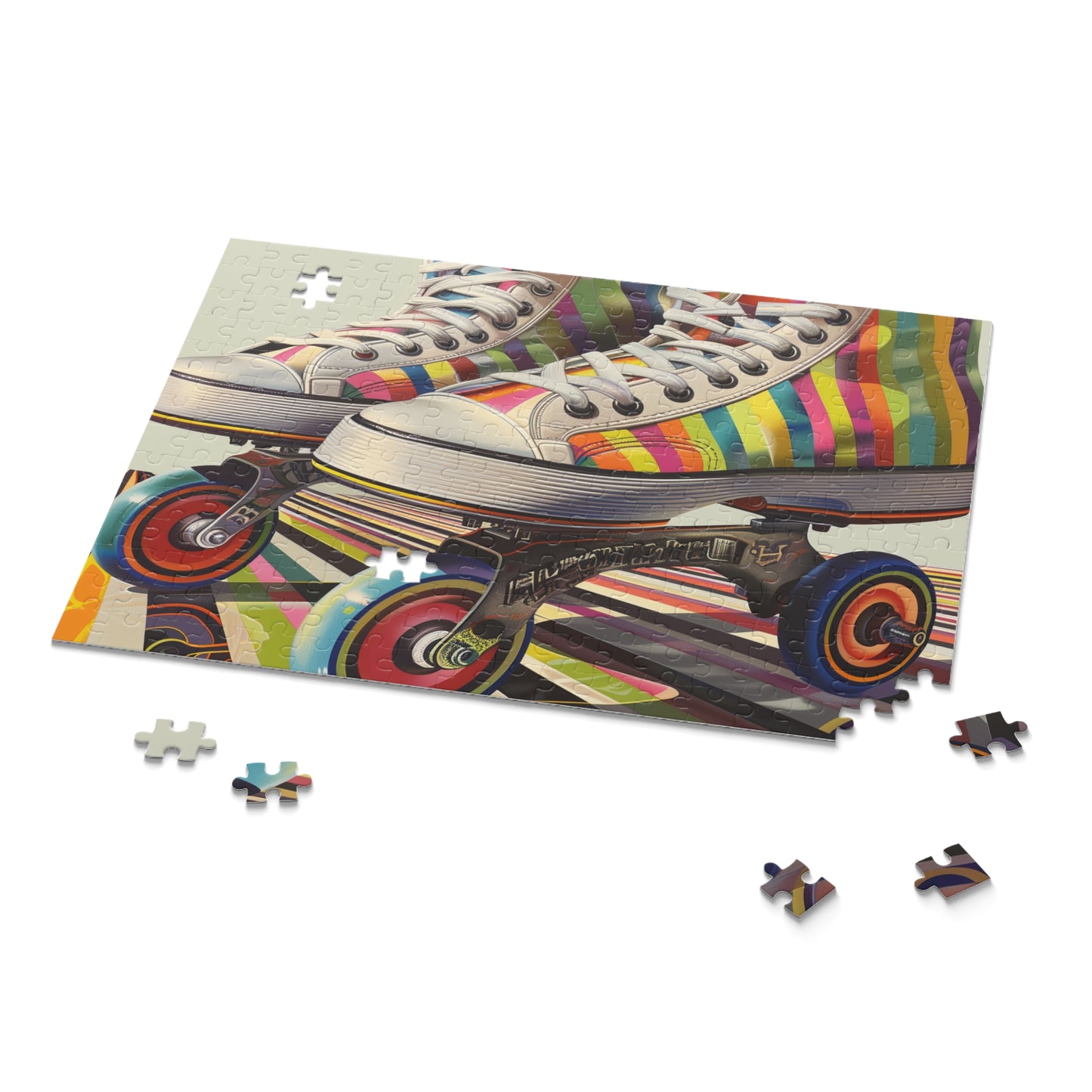 Retro Skate Stripe Puzzle - Colorful roller skate jigsaw for vintage enthusiasts and puzzle lovers.