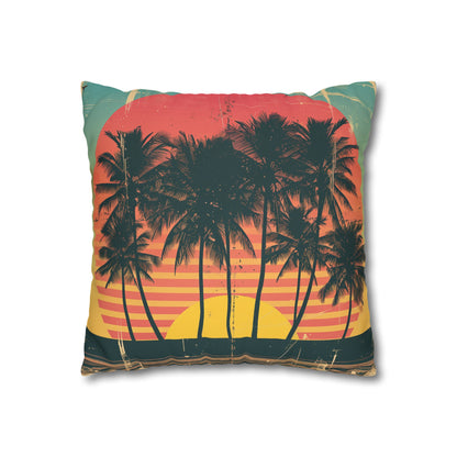 "Golden Hour Palms Pillowcase - Vintage beach charm with silhouetted palm trees against a radiant sunset. High-quality, stylish, perfect for all seasons. Makes a great gift. Shop now!"