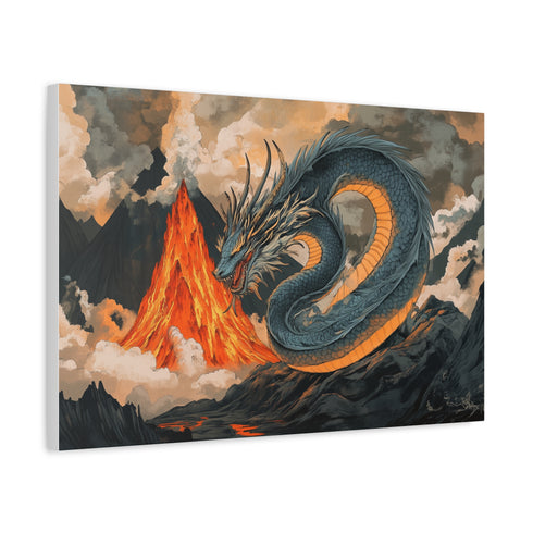 Mirror Dragon Curled Around Volcano — Canvas Wall Art — Side Profile & Stretched Corner Detail