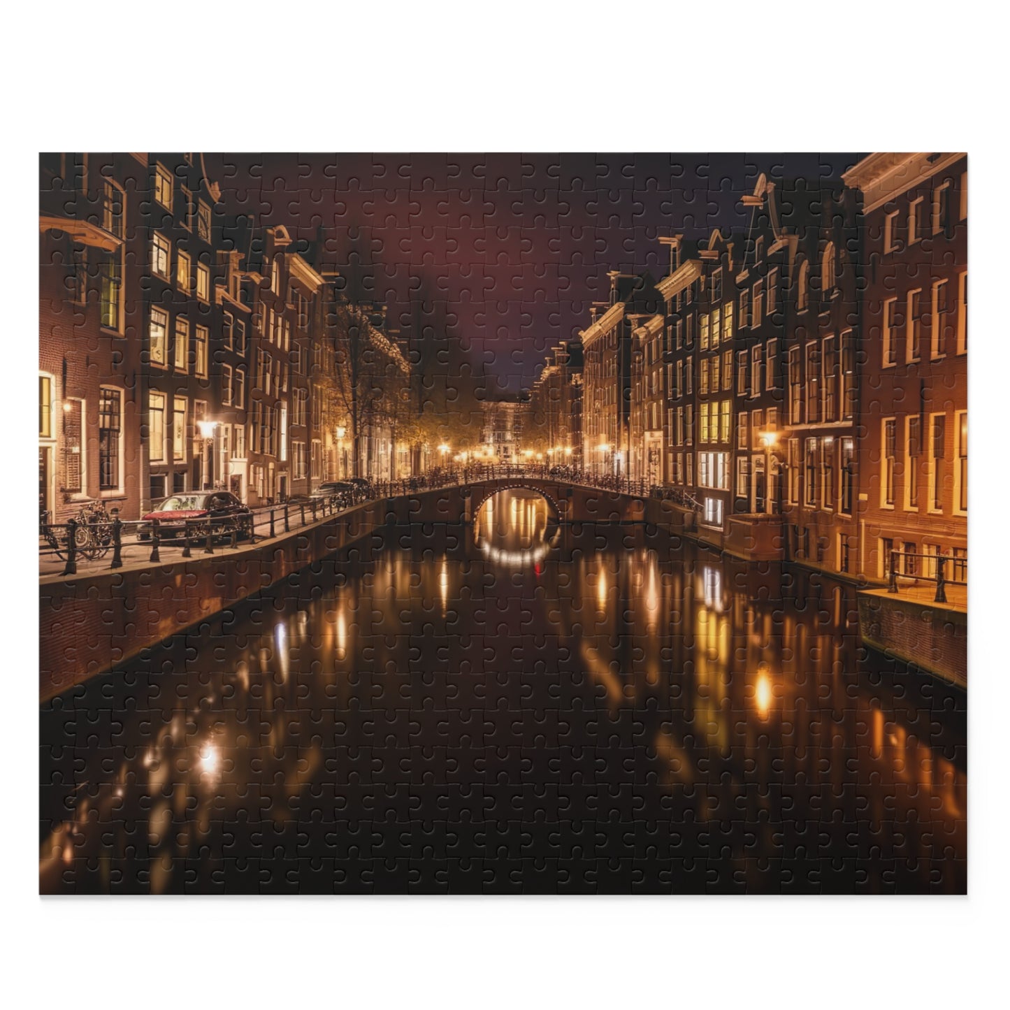 Amsterdam Canals Night Puzzle - Discover the enchanting beauty of Amsterdam's iconic canals at night in this captivating jigsaw puzzle.