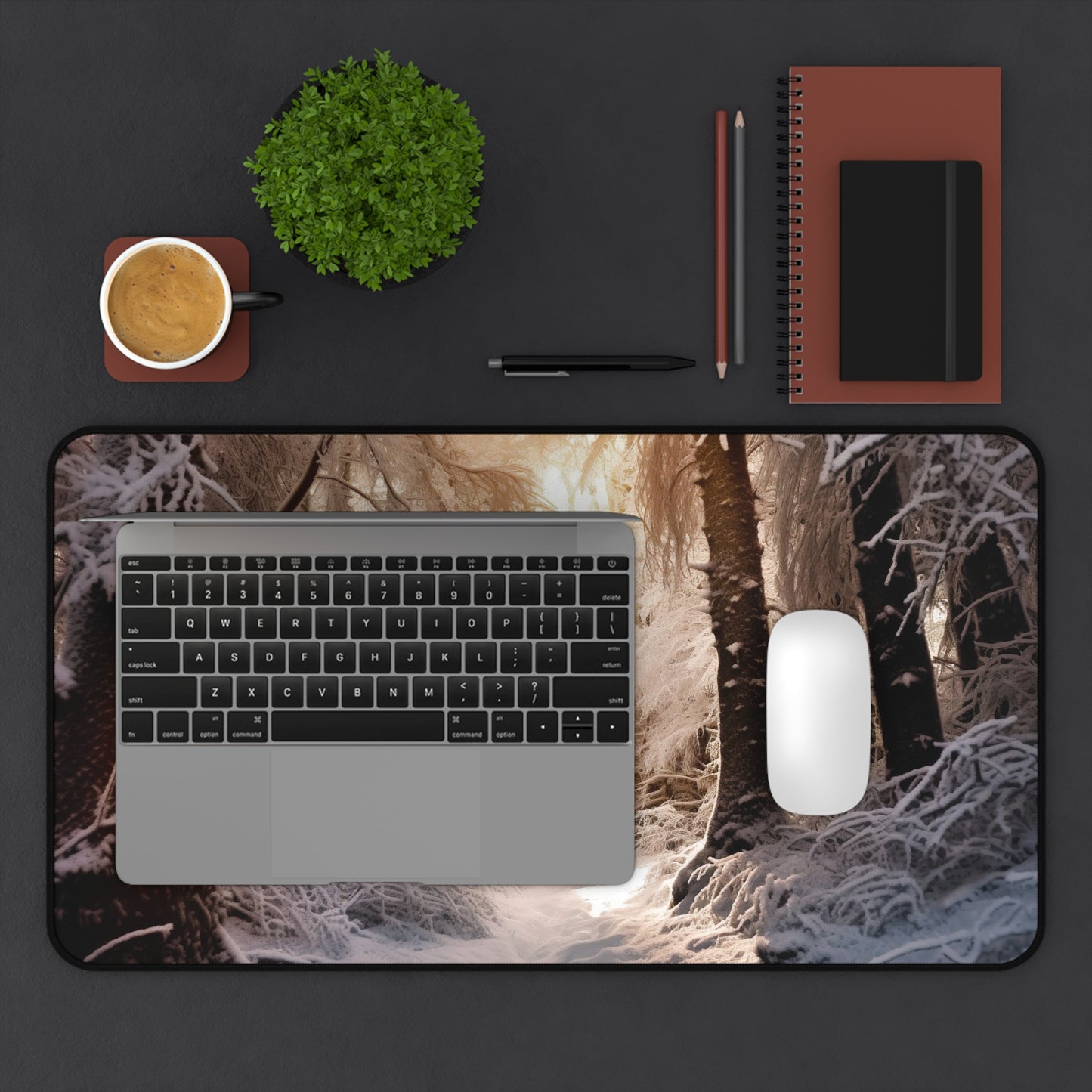 "Snow-covered winter forest desk mat for a calming workspace ambiance"