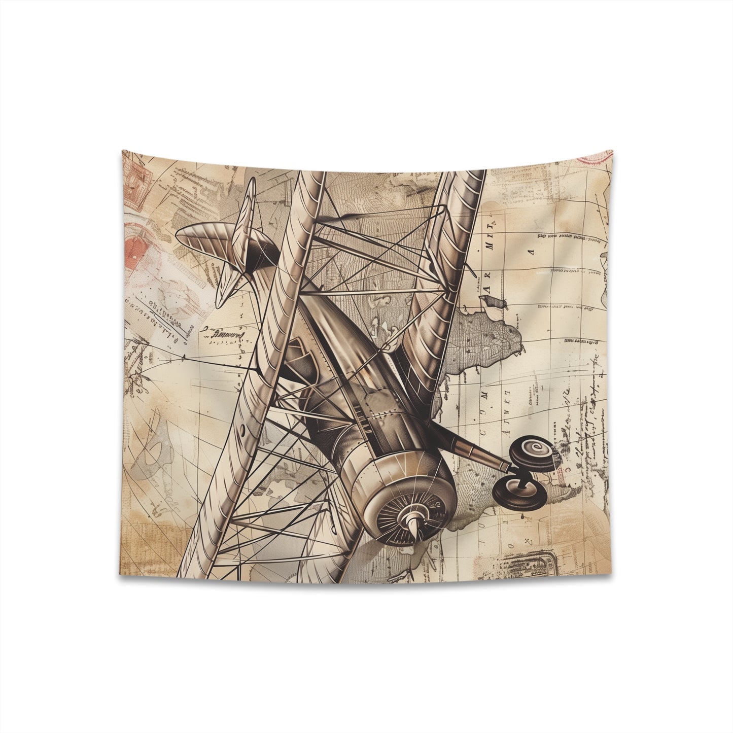 Vintage Travel Tapestry - Classic airplane design with global stamps, perfect for wanderlust souls. High-quality and stylish, great for all seasons. Available in two sizes: 34" x 40" and 57" x 57". Perfect gift idea!