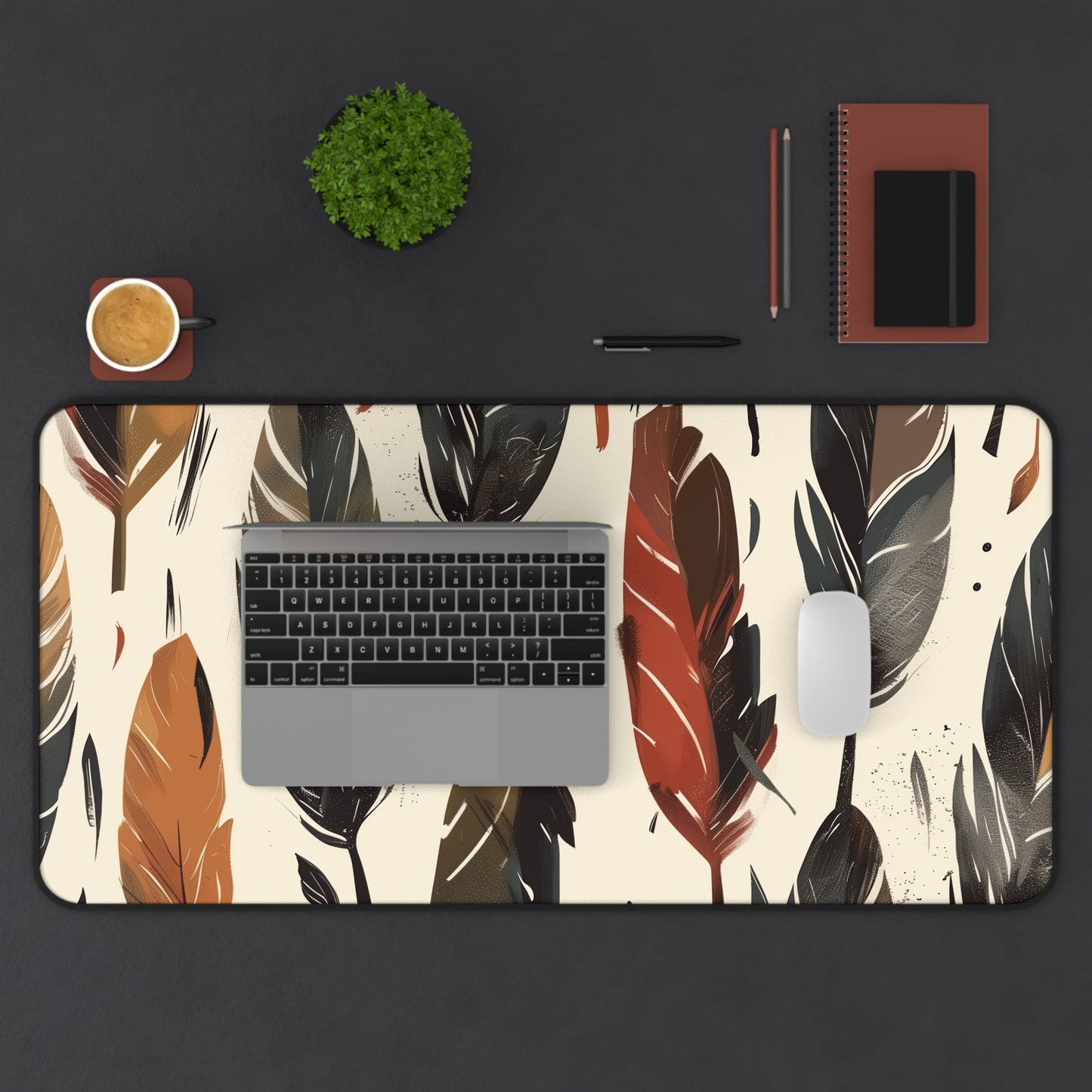 "Boho Feather Desk Mat - Earthy Toned Seamless Pattern, Stylish Workspace Accessory"