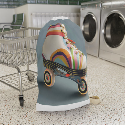 "Retro roller skate laundry bag with vibrant stripes, elevate laundry game with playful touch"