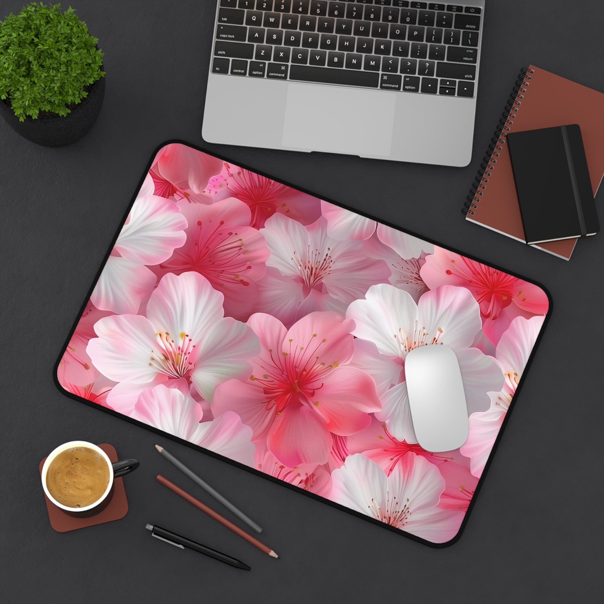 "Cherry Blossom Desk Mat - Elegant soft pink and white seamless pattern for workspace transformation"