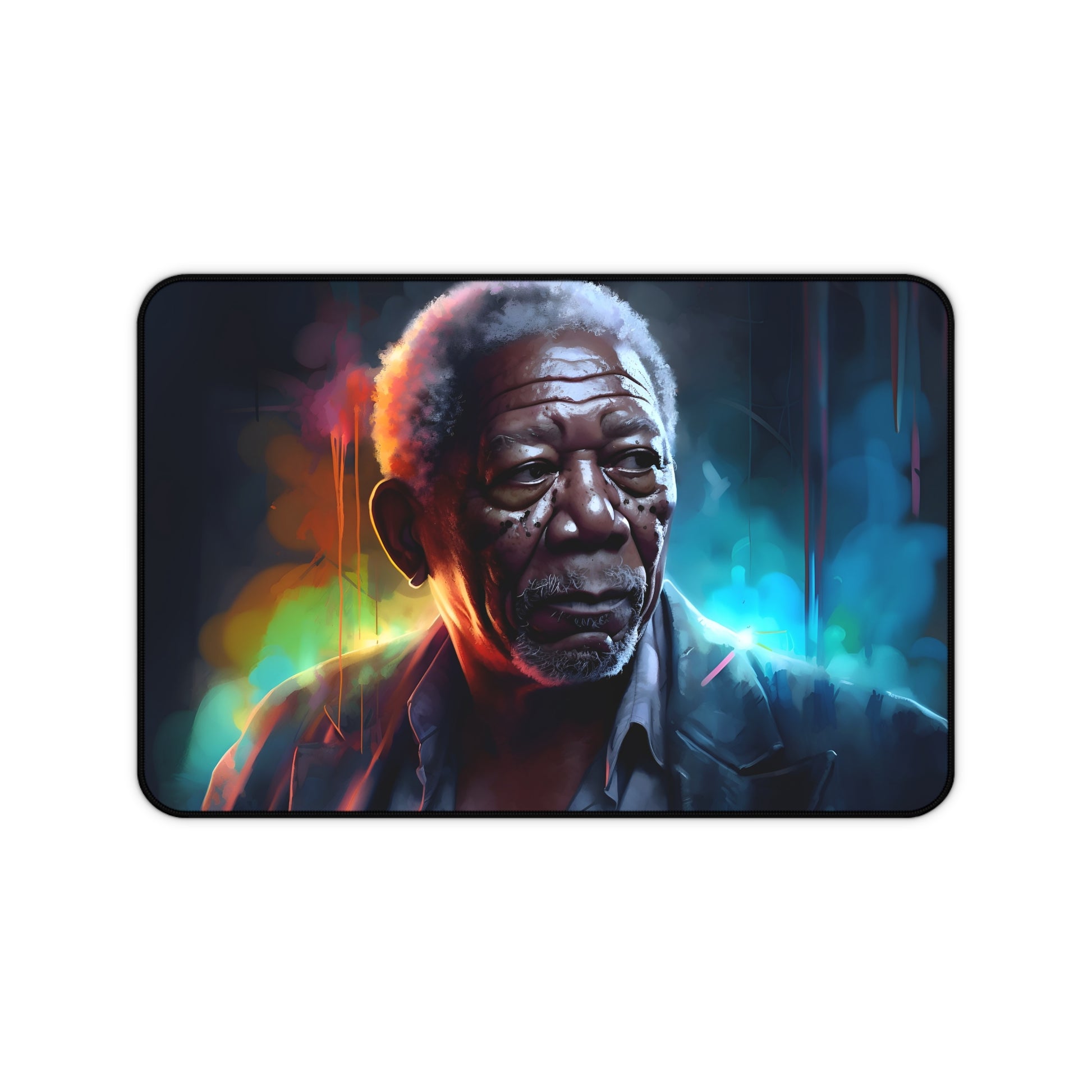 "Vibrant Neon Freeman Desk Mat with Morgan Freeman's face in watercolor design, elevate desk decor"