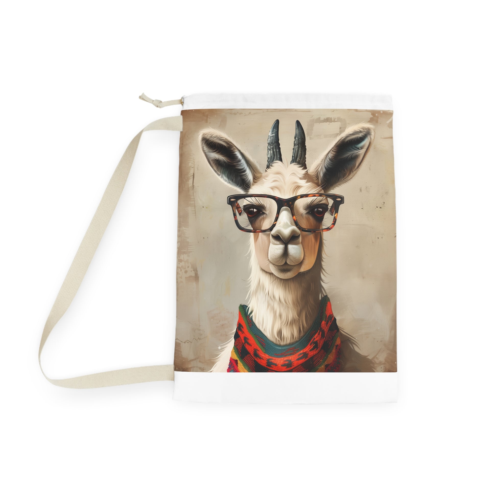 LLAMA HIPSTER LAUNDRY BAG - Trendy llama with glasses design, adds fun touch to space while keeping clothes organized.