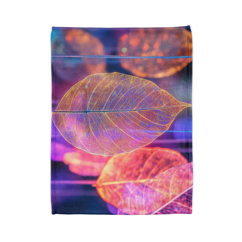 Dreamscape with Levitating Neon Leaves — Plush Fleece Throw Blanket — Folded Plush Blanket Detail