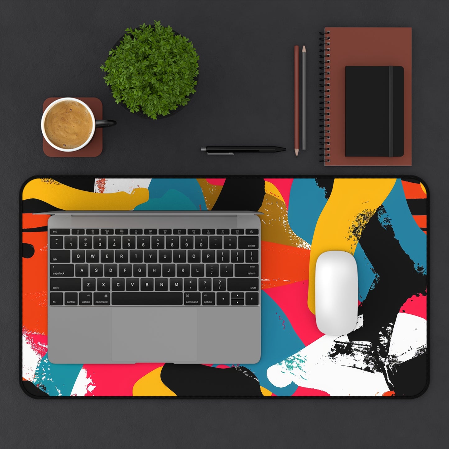 "Colorful abstract desk mat for stylish workspace organization"