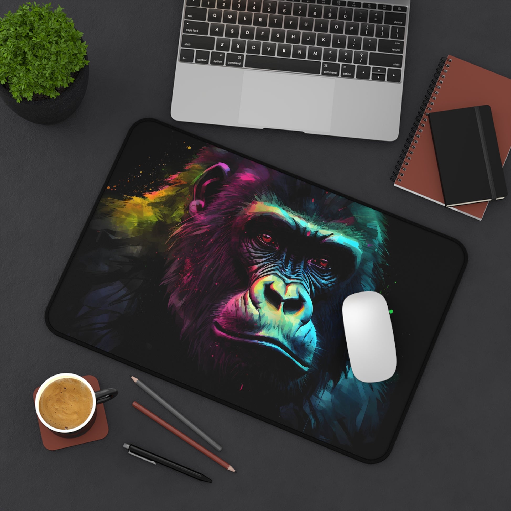 "Vibrant neon gorilla watercolor desk mat for stylish workspace organization"