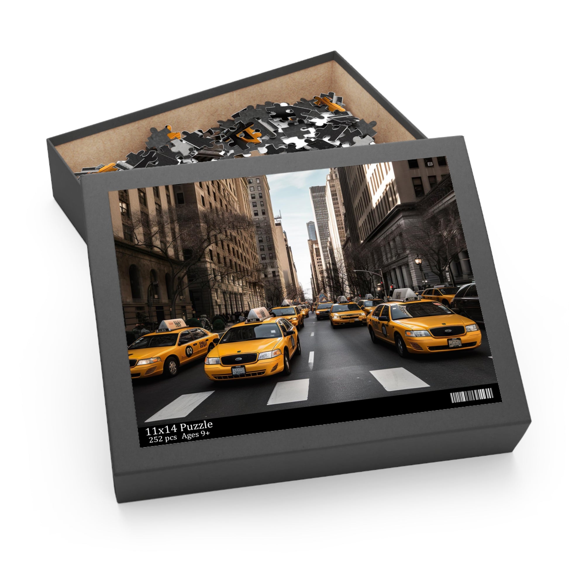 Vibrant NYC Cab Chaos jigsaw puzzle with iconic yellow cabs in bustling city scene.